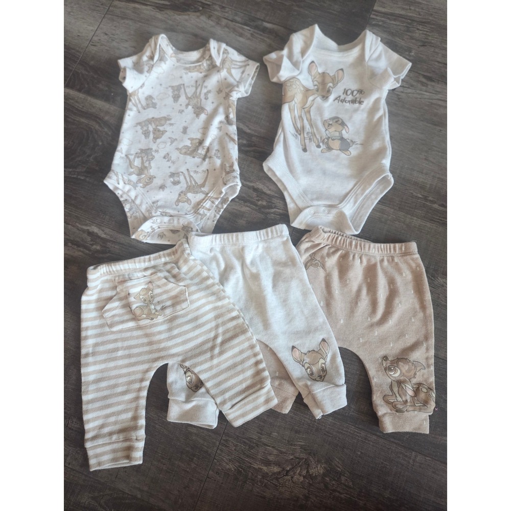 Disney Bambi Newborn Baby Clothes Set Bodysuits and Pants 5 Piece Neutral Lot